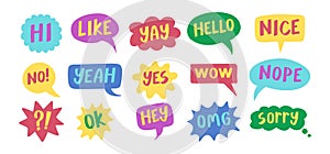 Thought bubbles handwritten words expressions, comic chat stickers collection. Speech clouds set. Funky typography