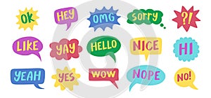 Thought bubbles handwritten words expressions, comic chat stickers collection. Speech clouds set. Funky typography