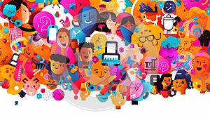 Thought bubbles with vibrant icons representing diverse forms of communication speech, writing, emojis, and symbols â€“
