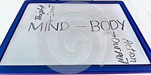 thought input on mind action output from body concept displaying with white abstract background