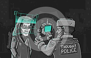 Thought Police checks brain scan at night street