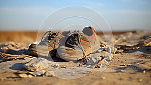 A Thought-Provoking Picture of a Refugee\'s Worn-Out Shoes Symbolizing the Long and Arduous Journey AI Generated photo