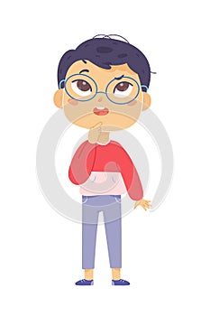 Thoughtful boy in doubt with difficulty and question, kid with glasses standing, thinking