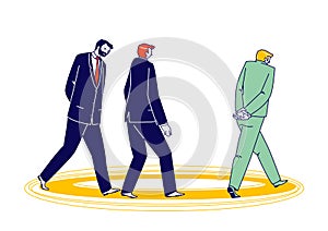Thoughtful Business Men Walking in Circles. Stupidity, Problem Solving, Everyday Routine Concept. Male Character Impasse photo