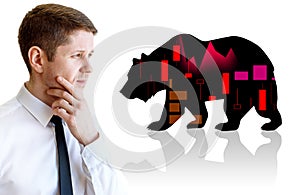 Thoughtful businessman imagine bear over white background.