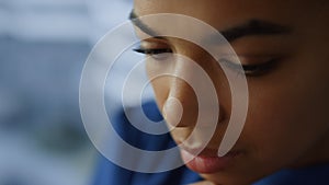 Thoughtful businesswoman face closeup. Businesswoman thinking problem solution