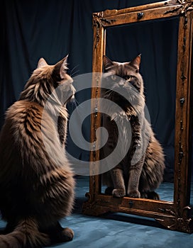 Thoughtful Cat beside Antique Mirror AI Generative