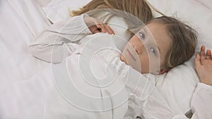 Thoughtful Child in Bed, Meditative Kid, Girl Can`t Sleeping in Bedroom