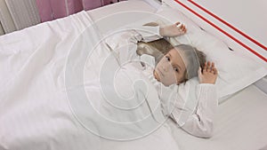 Thoughtful Child in Bed, Meditative Kid, Girl Can`t Sleeping in Bedroom
