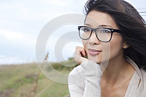 Thoughtful Chinese Asian Woman Girl Wearing Glasses