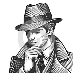Thoughtful Detective in Fedora Hat sketch vector