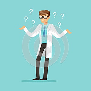 Thoughtful doctor character having many questions vector Illustration