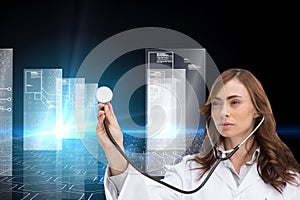 Thoughtful doctor using stethoscope