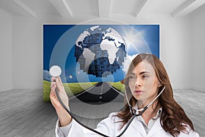 Thoughtful doctor using stethoscope