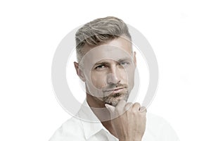 Thoughtful face expression. Grizzle hair suits him. Man handsome well groomed facial hair. Barber shop concept. Barber