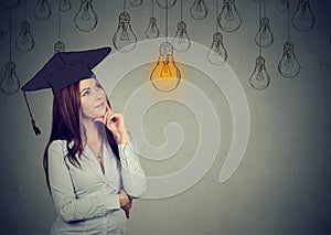 Thoughtful graduate student looking up at bright light bulb