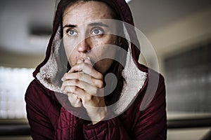 Thoughtful Homeless People Feeling Cold in Winter photo