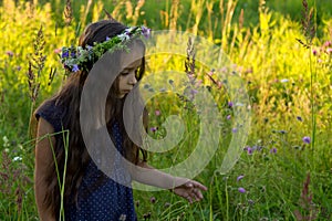 Thoughtful little baby girl picking wild flowers in the meadow