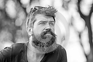 Thoughtful man with blue eyes looking into the sky, tranquility and mindfulness concept. Young bearded hipster with