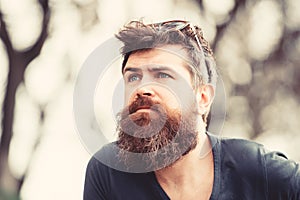 Thoughtful man with blue eyes looking into the sky, tranquility and mindfulness concept. Young bearded hipster with
