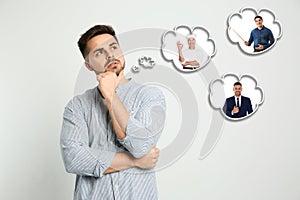 Thoughtful man choosing probable profession on background