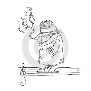 Thoughtful man, in a hat and coat, smokes a pipe and music and notes are formed from the smoke
