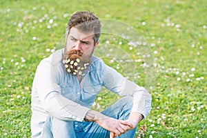 Thoughtful man sitting on green meadow, tranquility and meditation concept. Guy with daisy or chamomile flowers in beard