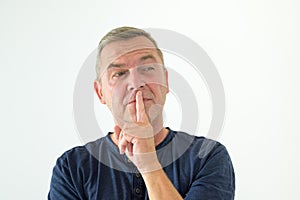 Thoughtful man standing with finger to lips