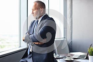 Thoughtful mature business man in full suit looking away while standing near the window