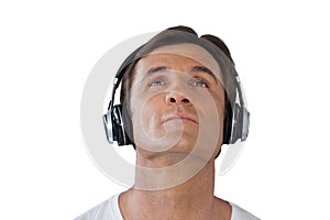 Thoughtful mature man wearing headphones