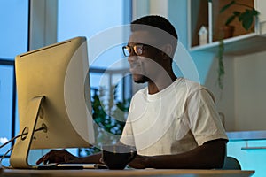 Thoughtful web developer work on computer, programmer trying to find solution for bug in app code