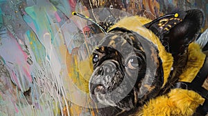 A thoughtful pug dog gazes out while dressed in a fuzzy bee costume, set against a colorful, abstract art background, in