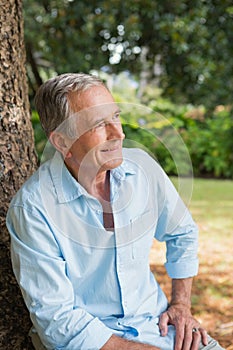 Thoughtful retired man sitting on tree trunk