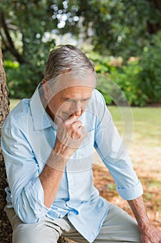Thoughtful retired man sitting on tree trunk with head bowed