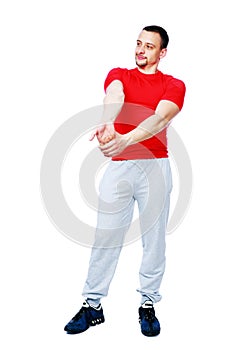 Thoughtful sportsman stretching arms