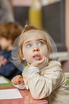 Thoughtful Toddler Girl During Classroom Activity