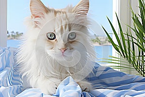 Thoughtful white cat sitting by the window, gazing out with contemplative expression