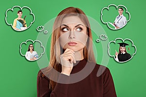 Thoughtful woman choosing probable profession on background photo