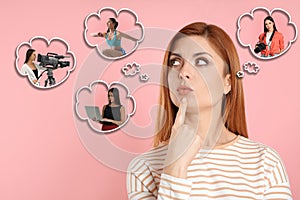 Thoughtful woman choosing probable profession on background