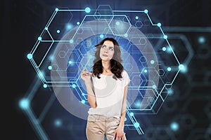 Thoughtful woman in data center, AI brain hologram
