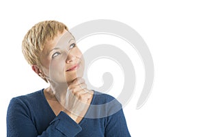 Thoughtful Woman With Hand On Chin Looking Up