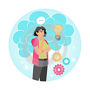 A Smart Woman Thinking with a Light Bulb and Gear Background