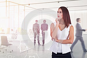 Thoughtful woman in office, business interface