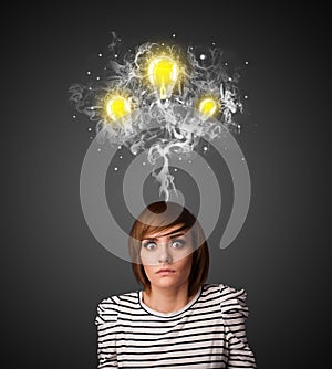 Thoughtful woman with smoke and lightbulbs above her head