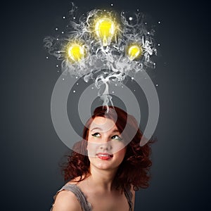 Thoughtful woman with smoke and lightbulbs above her head