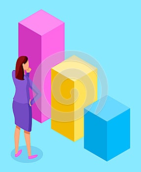 Thoughtful woman standing near diagram consisting of vertical rectangular bar, step growing chart