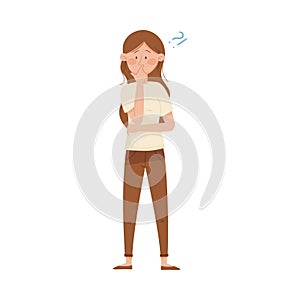 Thoughtful Woman Standing Touching Her Chin and Question Mark Vector Illustration