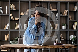 Thoughtful young African American businesswoman working on computer.