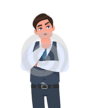 Thoughtful young businessman in waistcoat thinking with crossed arm. Person looking up. Male character design illustration.