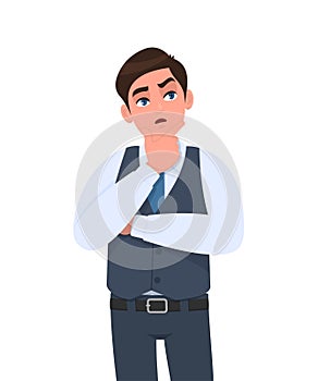 Thoughtful young businessman in waistcoat thinking with crossed arm. Person looking up. Male character design illustration. photo